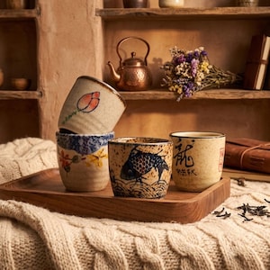 Hand Painted Pottery, 50ml Japanese Style Ceramic Sake Cup Set Antique Retro Shochu Tea Coffee Cup, Small Tea Ceremony Mug, Vintage