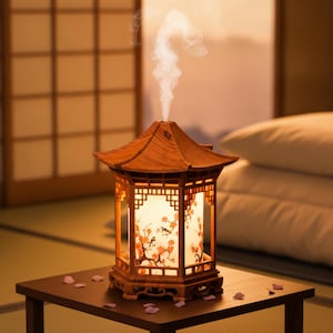May include: A wooden pagoda-shaped essential oil diffuser with a hexagonal base and roof. The central white cylindrical panel features a printed cherry blossom branch design. A thin stream of white mist rises from the top of the structure.
