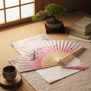 May include: A folding hand fan with a light pink to white gradient, featuring a black branch and pink cherry blossom print. The fan has a light-coloured wooden frame and a matching pink tassel attached to the handle, resting on a flat surface.