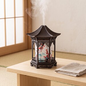 Decorative Diffuser, Chinese Pagoda Humidifier with Dark Faux-Wood Frame, 5.38-Inch Night Light