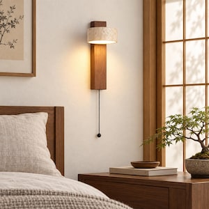 Applique murale en travertin, lampe à chaînette en bois de noyer pour la lecture de chevet