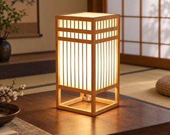 Japanese Table Lamp, 30 cm Bamboo Shoji Style Bedside Lighting