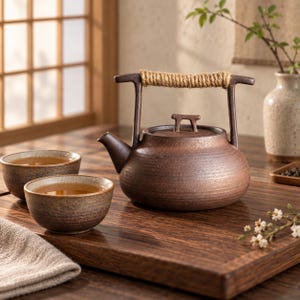 May include: A brown ceramic teapot with a textured finish and a rope-wrapped handle, accompanied by two matching ceramic tea cups filled with tea. The teapot features a lid with a small handle and a curved spout, set on a wooden tray.