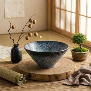 Peut inclure: Un bol en céramique large et conique avec un émail texturé bleu et gris moucheté présentant un motif en relief subtil et répétitif. Le bol a un bord évasé et une base effilée, posé sur une tranche de bois circulaire aux veines apparentes.
