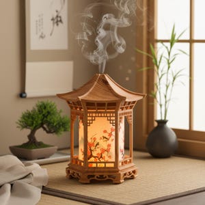Può includere: Un diffusore di oli essenziali in legno a forma di pagoda con base e tetto esagonali. Il pannello cilindrico centrale presenta un disegno stampato di fiori di ciliegio rossi e piccoli uccelli. Vapore bianco sale dalla cima della struttura.