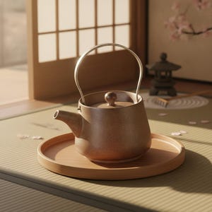Könnte beinhalten: Eine matte, braune Keramik-Teekanne mit rundem Körper, kurzem Ausguss und passendem Deckel mit kleinem Knaufgriff. Die Teekanne hat einen dünnen, gebogenen Metallgriff an den Seiten und steht auf einem runden Serviertablett aus hellem Holz.