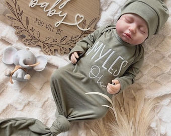 Personalized Embroidered Name Baby Gown | Custom Knotted Newborn Outfit | Coming Home Outfit | Birth Announcement | Made in USA