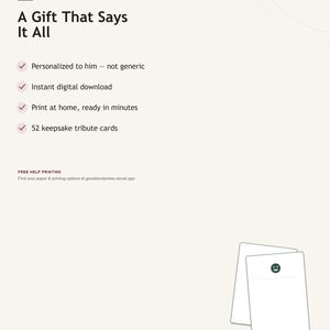 May include: A digital download product advertisement featuring the text A Gift That Says It All, Father's Day, Grandparents Day, Any Day, and a list of features including 52 keepsake tribute cards. Two white rectangular cards with a green smiley face icon.