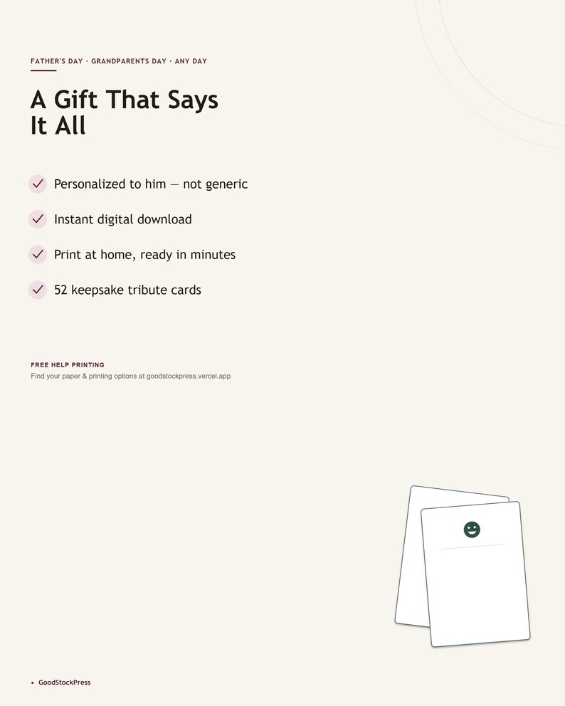 May include: A digital download product advertisement featuring the text A Gift That Says It All, Father's Day, Grandparents Day, Any Day, and a list of features including 52 keepsake tribute cards. Two white rectangular cards with a green smiley face icon.