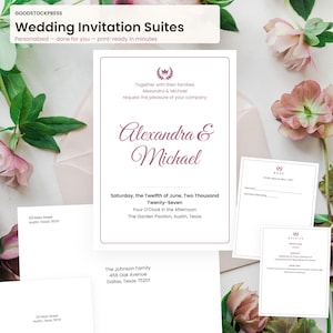 May include: A wedding invitation suite featuring a main card with the names Alexandra and Michael in a script font, an RSVP card, and envelopes. The text includes the date Saturday, the Twelfth of June, Two Thousand Twenty-Seven and location.