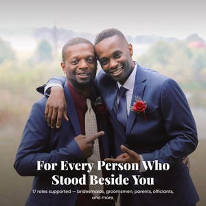 May include: Two individuals in navy blue suits with red rose boutonnieres. One wears a maroon shirt with a beige patterned tie, the other a white shirt with a navy tie. Text reads: For Every Person Who Stood Beside You, 17 roles supported.