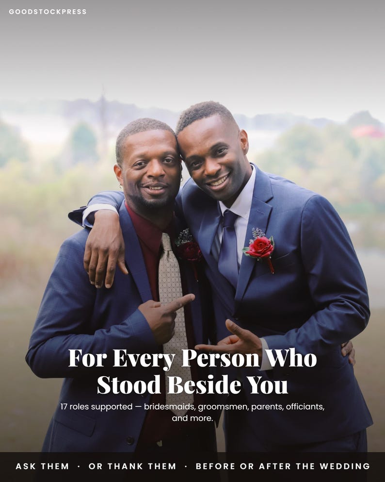 May include: Two individuals in navy blue suits with red rose boutonnieres. One wears a maroon shirt with a beige patterned tie, the other a white shirt with a navy tie. Text reads: For Every Person Who Stood Beside You, 17 roles supported.