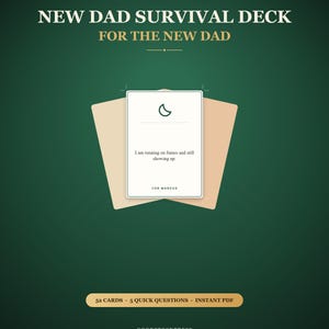 May include: A digital download New Dad Survival Deck featuring a white card with a crescent moon icon and the text I am running on fumes and still showing up. FOR MARCUS. The dark green background displays the text Personalized Digital Download.