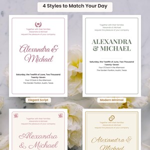 May include: Four wedding invitation templates labeled 4 Styles to Match Your Day, Elegant Script, and Modern Minimal. Each white card features the names Alexandra & Michael, date, time, and location details in varying fonts, colors, and layouts.