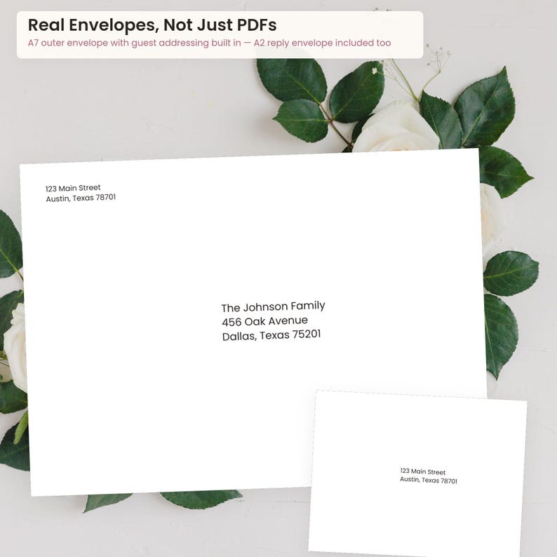May include: A white A7 outer envelope and a white A2 reply envelope, both featuring black printed text. The large envelope displays a return address and the recipient address for The Johnson Family. The text reads Real Envelopes, Not Just PDFs.