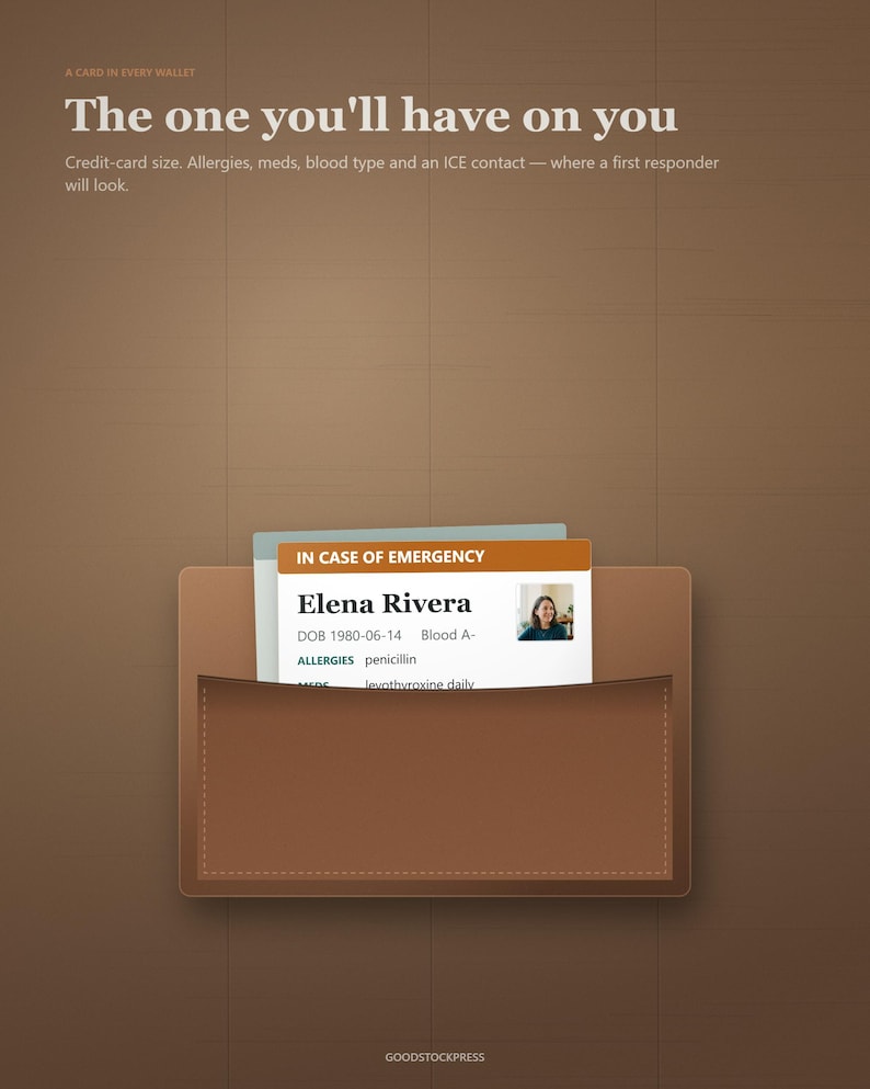 May include: A brown wallet pocket containing an emergency medical information card. The card features the text IN CASE OF EMERGENCY, the name Elena Rivera, date of birth 1980-06-14, blood type A-, allergies to penicillin, and daily levothyroxine medication.