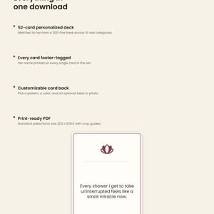 May include: A digital product listing for a 52-card personalized deck. The text includes 'Everything in one download', '52-card personalized deck', 'Every card footer-tagged', 'Customizable card back', and 'Print-ready PDF' in 2.5 x 3.5 inches.