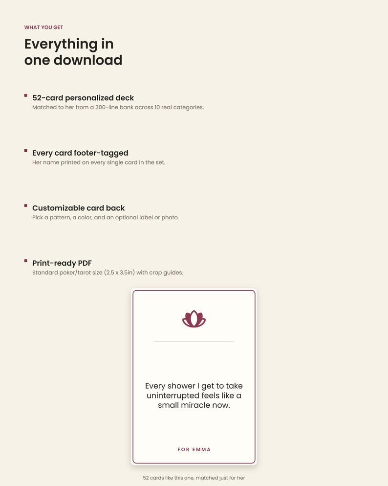 May include: A digital product listing for a 52-card personalized deck. The text includes 'Everything in one download', '52-card personalized deck', 'Every card footer-tagged', 'Customizable card back', and 'Print-ready PDF' in 2.5 x 3.5 inches.