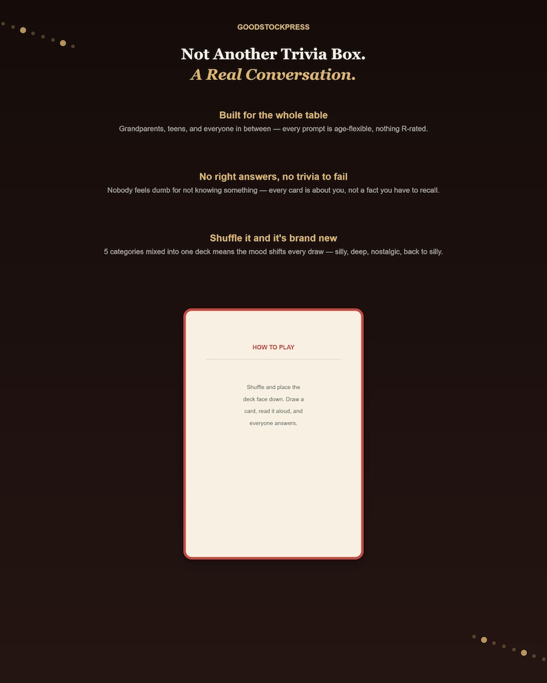K&ouml;nnte beinhalten: Ein schwarzes Kartenspiel-Set mit dem Titel Not Another Trivia Box. A Real Conversation. Der Text beschreibt das Spiel als f&uuml;r den ganzen Tisch geeignet, ohne richtige Antworten und mit f&uuml;nf Kategorien. Eine wei&szlig;e Karte mit rotem Rand zeigt die Spielregeln.