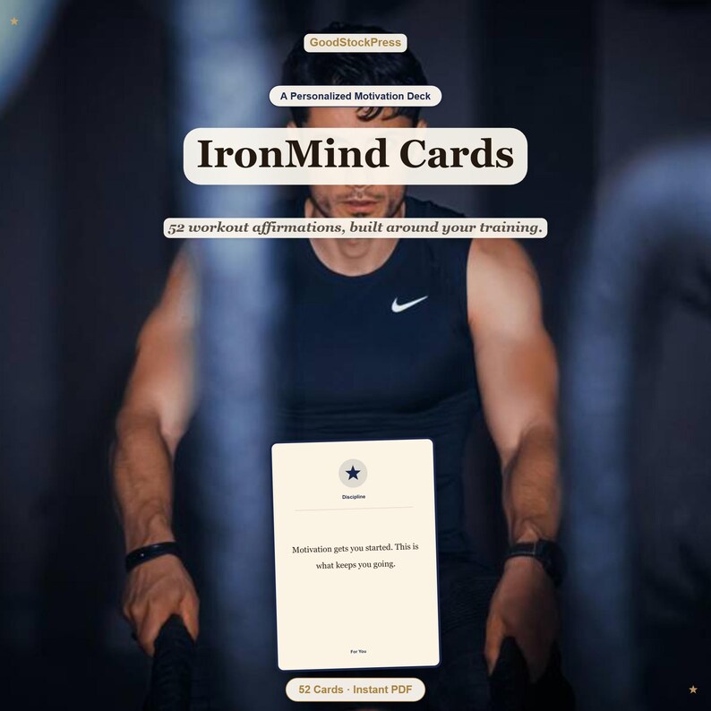 May include: A set of IronMind Cards featuring 52 workout affirmations. The deck is presented as a personalized motivation deck in an instant PDF format. The card displays a star icon, the word Discipline, and the text: Motivation gets you started. This is what keeps you going.