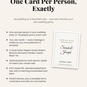 May include: A digital information graphic with the heading One Card Per Person, Exactly. It lists features for a custom wedding card set, including a sample card displaying the text Thank you to our wedding party, Sarah & Joseph, October 3, 2026.