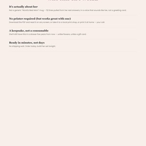 May include: A digital document titled Mom Affirmation Cards by GoodStockPress. The text outlines why this gift works, highlighting features such as 52 lines of text, no printer requirement, its status as a keepsake, and immediate availability.