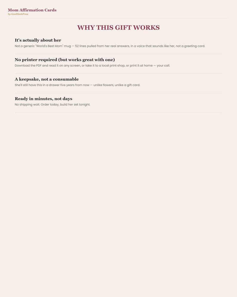 May include: A digital document titled Mom Affirmation Cards by GoodStockPress. The text outlines why this gift works, highlighting features such as 52 lines of text, no printer requirement, its status as a keepsake, and immediate availability.