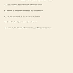 May include: A cream-colored informational card titled Dad Support Card by GoodBlackPress. The text WHY THIS CARD IS DIFFERENT is followed by five bullet points detailing features like visual styles, photo framing, and two-sided printing.