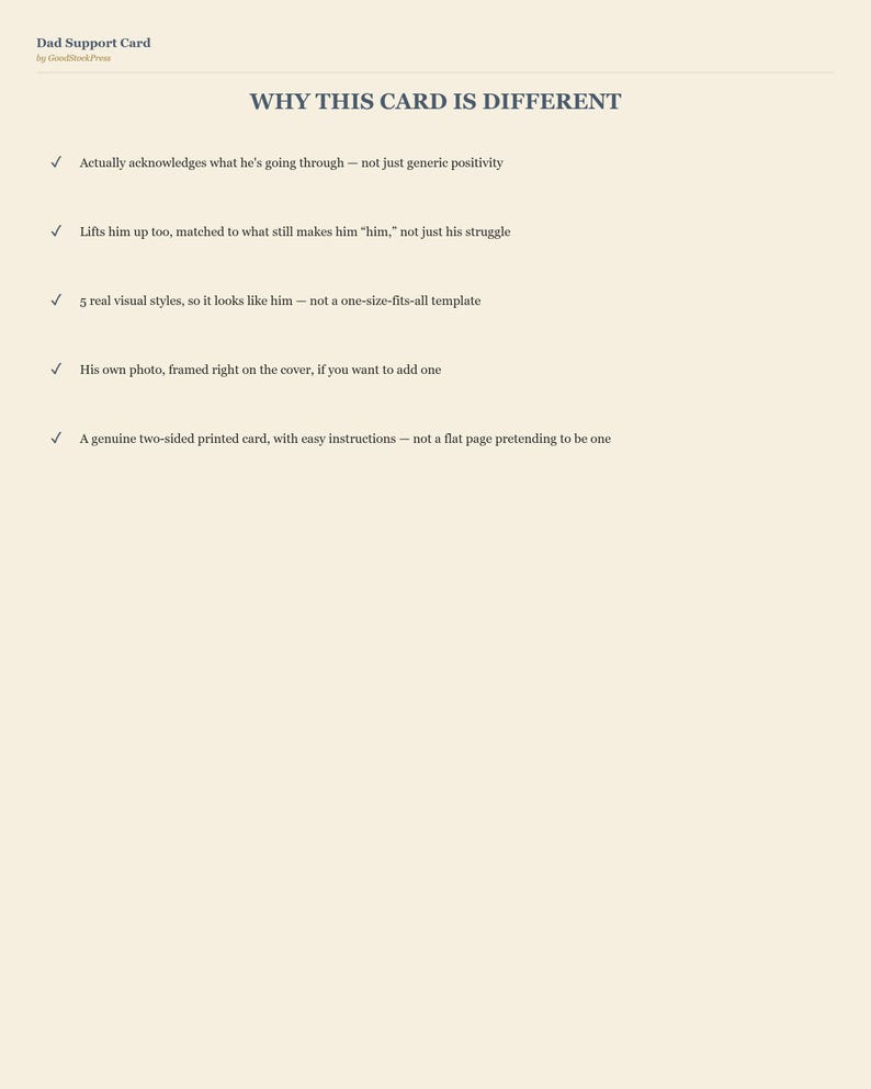 May include: A cream-colored informational card titled Dad Support Card by GoodBlackPress. The text WHY THIS CARD IS DIFFERENT is followed by five bullet points detailing features like visual styles, photo framing, and two-sided printing.