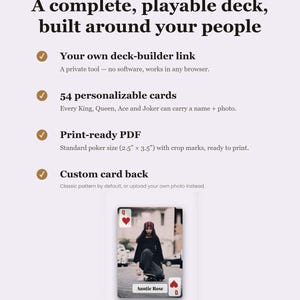 May include: A digital product listing for a custom playing card deck. Text includes: WHAT YOU GET, A complete, playable deck, built around your people, Your own deck-builder link, 54 personalizable cards, Print-ready PDF, 2.5" x 3.5", Custom card back.