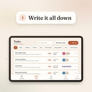 May include: A digital tablet screen displaying a task management application interface. The top header reads 1 Write it all down. The main dashboard shows a list of tasks including Plan weekly meals, Grocery shopping, Cook dinner, and Pack school lunches with associated lead times, category tags, and user avatars.