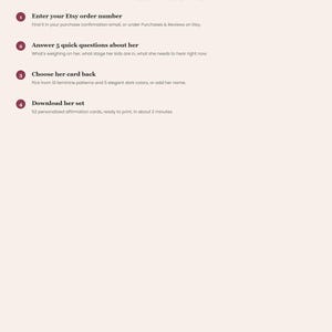 May include: A light-coloured informational graphic titled Mom Affirmation Cards by GoodStockPress. It outlines a four-step process: enter your Etsy order number, answer 5 quick questions about her, choose her card back, and download her set of 52 cards.