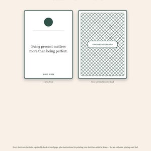 May include: Two rectangular cards with dark green borders. The left card features a dark green circle, a horizontal line, and the text: Being present matters more than being perfect. FOR HIM. The right card has a cross-hatched pattern and GOODSTOCKPRESS.