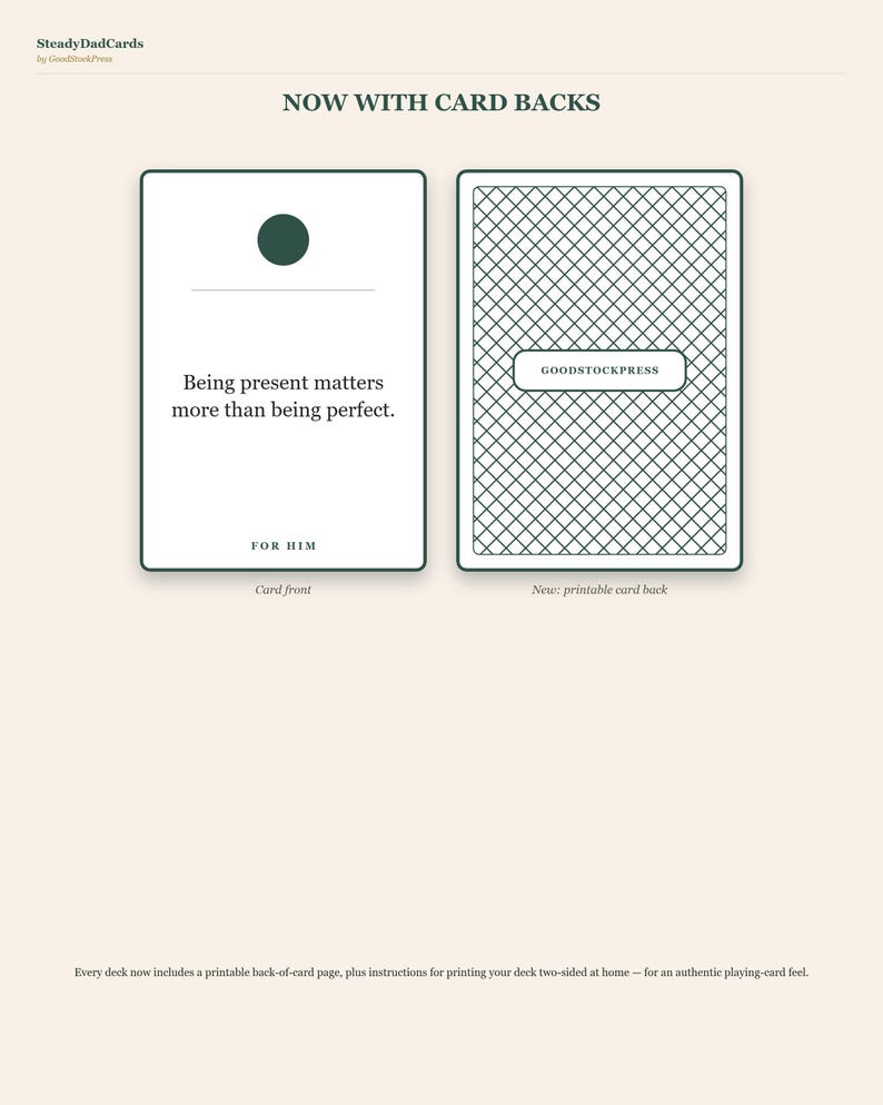 May include: Two rectangular cards with dark green borders. The left card features a dark green circle, a horizontal line, and the text: Being present matters more than being perfect. FOR HIM. The right card has a cross-hatched pattern and GOODSTOCKPRESS.