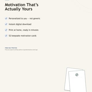 May include: A digital product advertisement featuring the text Motivation That's Actually Yours, listing features like personalized content, instant digital download, print at home, and 52 keepsake motivation cards, with two blank white cards below.