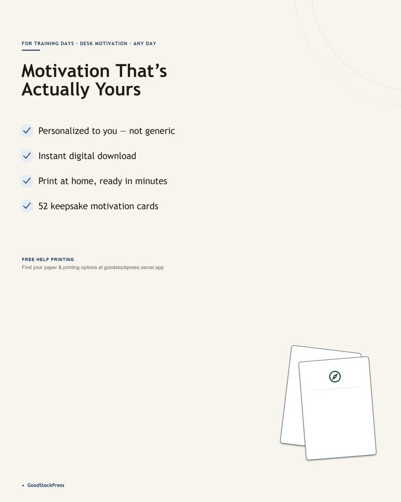 May include: A digital product advertisement featuring the text Motivation That's Actually Yours, listing features like personalized content, instant digital download, print at home, and 52 keepsake motivation cards, with two blank white cards below.
