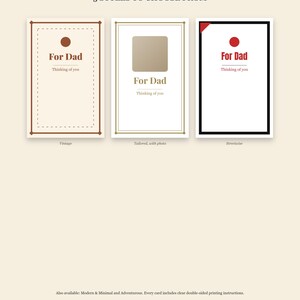 May include: Three rectangular cards labeled Dad Support Card with 5 Styles to Choose From. The cards feature the text For Dad and Thinking of you. The first is brown with a circle, the second is gold with a square, and the third is black with a red circle.