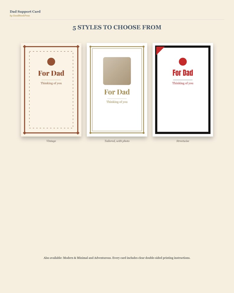 May include: Three rectangular cards labeled Dad Support Card with 5 Styles to Choose From. The cards feature the text For Dad and Thinking of you. The first is brown with a circle, the second is gold with a square, and the third is black with a red circle.