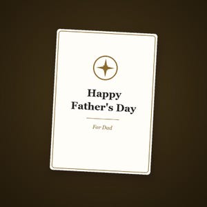 Puede incluir: Una tarjeta de felicitaci&oacute;n rectangular blanca con un borde fino marr&oacute;n. La tarjeta presenta un icono de estrella de cuatro puntas marr&oacute;n dentro de un c&iacute;rculo, seguido del texto negro Happy Father's Day, una l&iacute;nea y el texto For Dad.