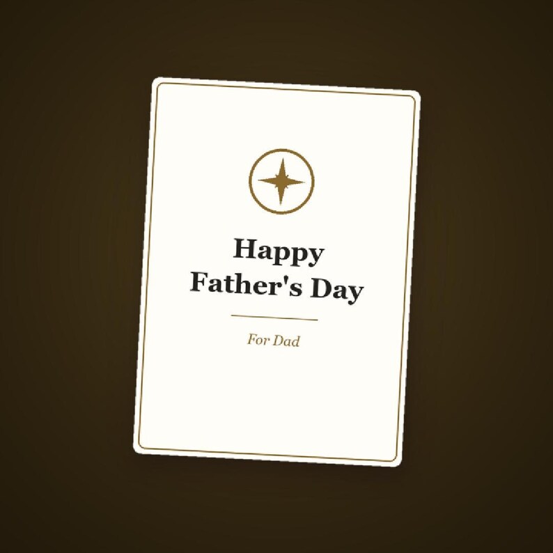 Puede incluir: Una tarjeta de felicitaci&oacute;n rectangular blanca con un borde fino marr&oacute;n. La tarjeta presenta un icono de estrella de cuatro puntas marr&oacute;n dentro de un c&iacute;rculo, seguido del texto negro Happy Father's Day, una l&iacute;nea y el texto For Dad.
