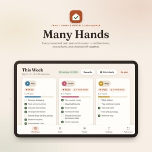 May include: A digital tablet displaying the Many Hands family chore and mental load planner app. The screen shows a weekly task dashboard with three columns for individuals named Alex, Jordan, and Maya, featuring checkboxes, progress bars, and point totals.