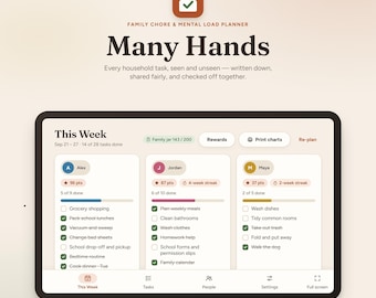 Könnte beinhalten: Ein digitales Tablet mit der Many Hands App zur Planung von Haushaltsaufgaben. Der Bildschirm zeigt ein wöchentliches Aufgaben-Dashboard mit drei Spalten für Alex, Jordan und Maya, inklusive Kontrollkästchen, Fortschrittsbalken und Punktzahlen.
