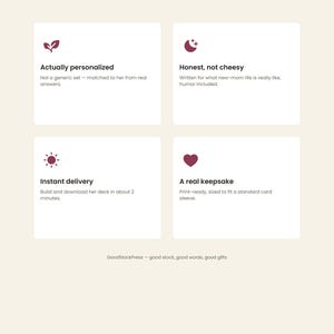May include: An informational graphic titled A gift she'll actually keep, featuring four white rectangular boxes with maroon icons and text: Actually personalized, Honest, not cheesy, Instant delivery, and A real keepsake. Footer text reads GoodStockPress.