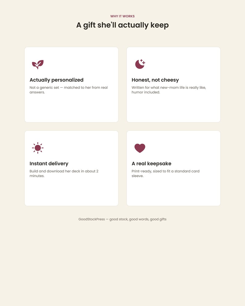 May include: An informational graphic titled A gift she'll actually keep, featuring four white rectangular boxes with maroon icons and text: Actually personalized, Honest, not cheesy, Instant delivery, and A real keepsake. Footer text reads GoodStockPress.