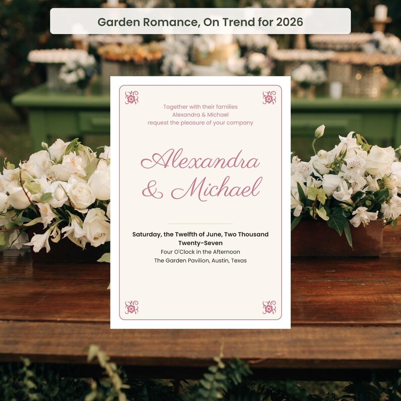 May include: A rectangular wedding invitation card with a cream background and a thin pink border featuring small floral corner accents. The text reads: Alexandra & Michael, Saturday, the Twelfth of June, Two Thousand Twenty-Seven, Four O'Clock.