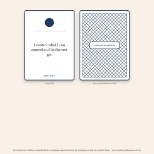 May include: Two rectangular cards with dark blue borders. The left card features a dark blue circle, a horizontal line, and the text: I control what I can control and let the rest go. FOR YOU. The right card has a dark blue cross-hatch pattern and a central rectangle containing the text: GOODSTOCKPRESS.