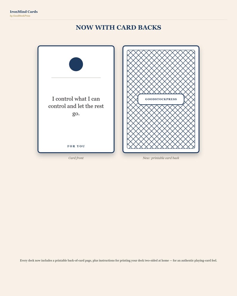 May include: Two rectangular cards with dark blue borders. The left card features a dark blue circle, a horizontal line, and the text: I control what I can control and let the rest go. FOR YOU. The right card has a dark blue cross-hatch pattern and a central rectangle containing the text: GOODSTOCKPRESS.