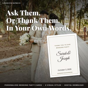 May include: A rectangular wedding party thank you card with a cream background and thin brown border. The text reads: Thank you to our wedding party, Sarah & Joseph, October 3, 2026, and Goodstockpress. The card is displayed over a wedding scene.