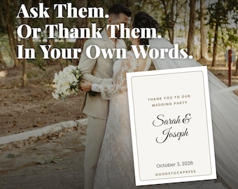 Personalized Wedding Party Cards, Ask or Thank You, Custom Message, Keepsake, Instant Digital Download