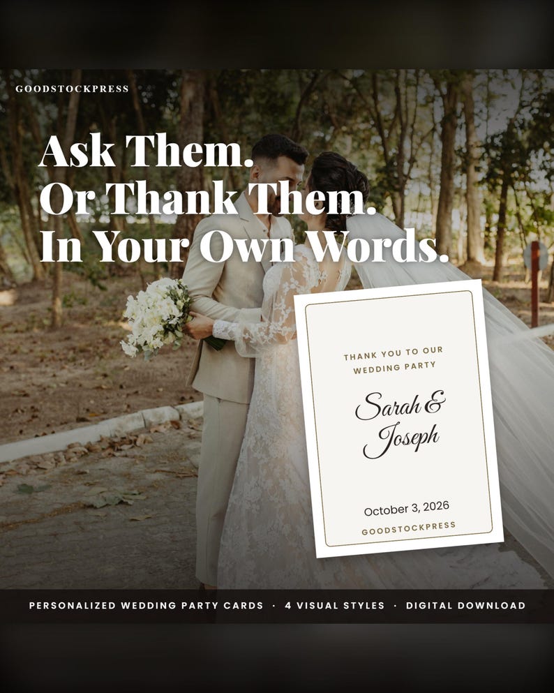 May include: A rectangular wedding party thank you card with a cream background and thin brown border. The text reads: Thank you to our wedding party, Sarah & Joseph, October 3, 2026, and Goodstockpress. The card is displayed over a wedding scene.
